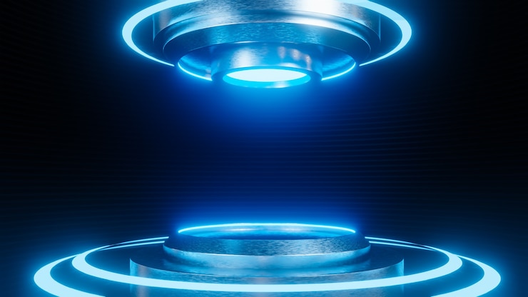 Pedestal futurista para la presentación del producto en estilo de ciencia ficción de fondo de pared de tira negra. , Modelo 3d e ilustración.