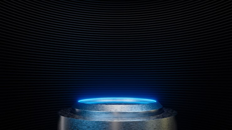Pedestal futurista para presentación de producto en estilo ciencia ficción de pared de tira negra.
