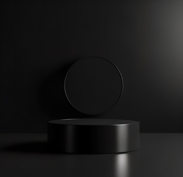 Pedestal geométrico negro minimalista para exhibición de productos.