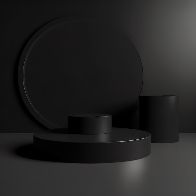 Pedestal geométrico negro minimalista para exhibición de productos.