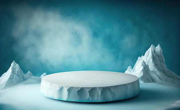 Un pedestal glacial helado para la demostración de productos de escalada Vitrina de invierno con copo de nieve