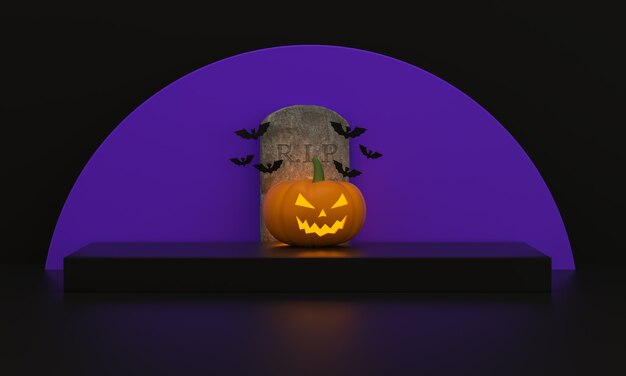 Pedestal de Halloween para exhibición de productos con calabazas, murciélagos y lápida con una luna morada sobre fondo negro. Representación 3D.