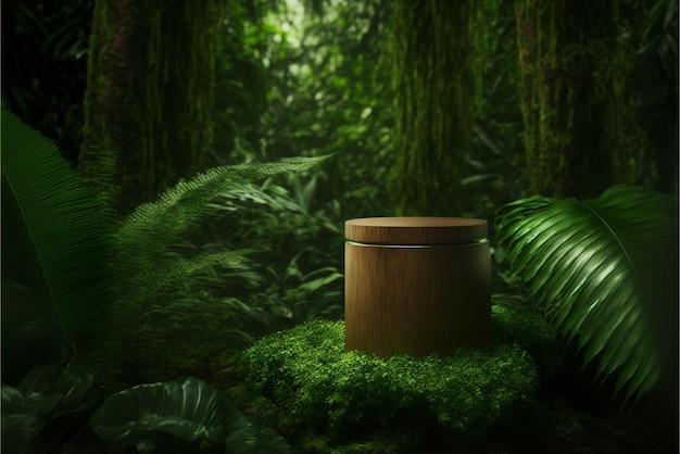 Pedestal de madera en bosque tropical para presentación de productos, Generativo ai