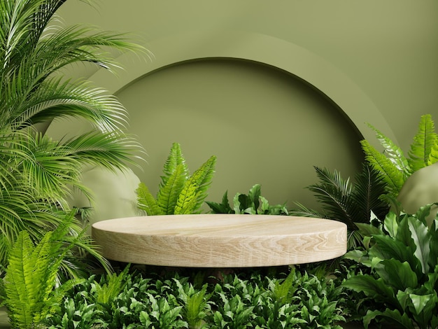 Pedestal de madera en bosque tropical para presentación de productos y pared verde