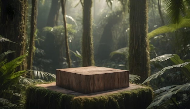 Pedestal de madera en bosque tropical para la presentación de productos