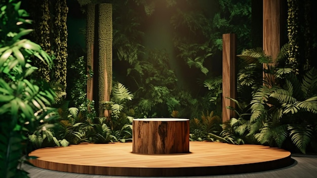 Pedestal de madera en bosque tropical para producto presente IA generativa