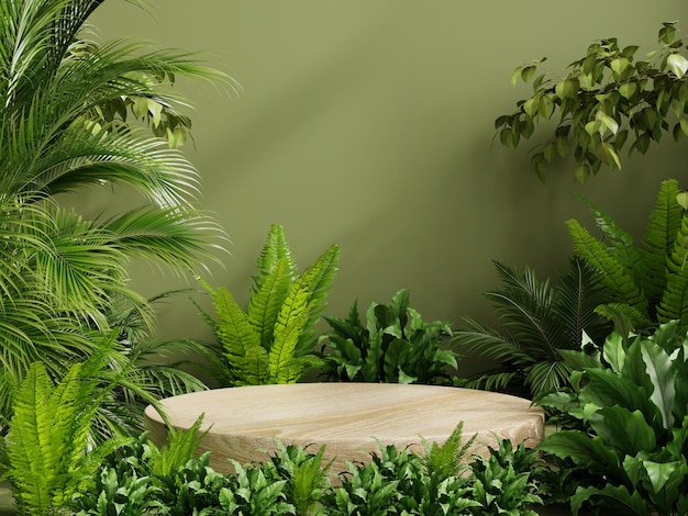 Pedestal de madera circular en bosque tropical para la presentación de productos y pared verde
