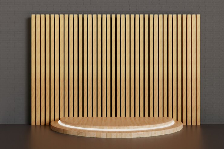 Pedestal de madera minimalista o fondo de escaparate de escenario, podio renderizado en 3D