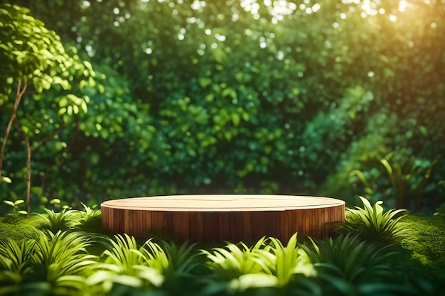 Un pedestal de madera rústico vacío en el medio de un campo de hierba.