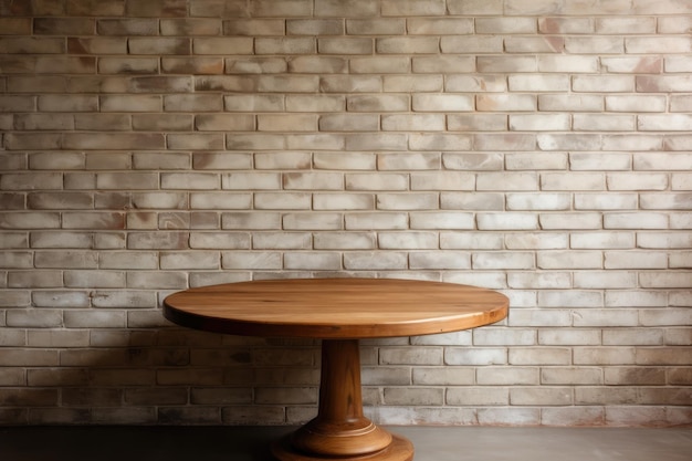 Un pedestal de madera vacío se sienta en la mesa de la cocina frente a una pared de ladrillo blanco