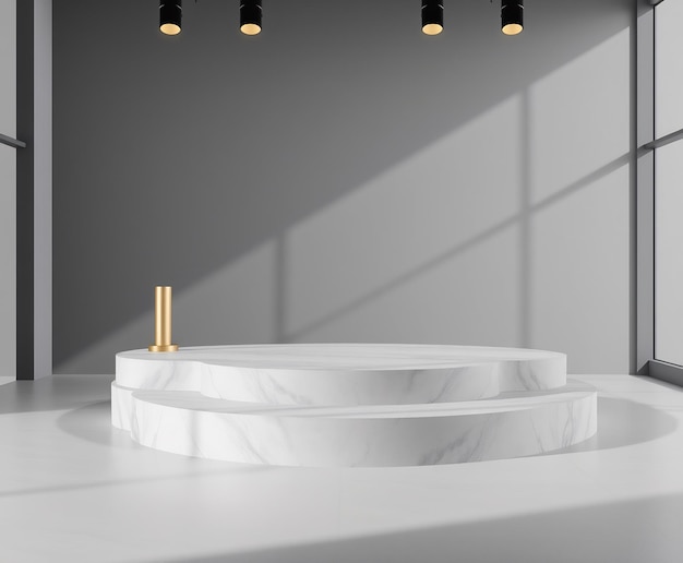 Pedestal de mármol blanco con acentos dorados en una habitación con luz