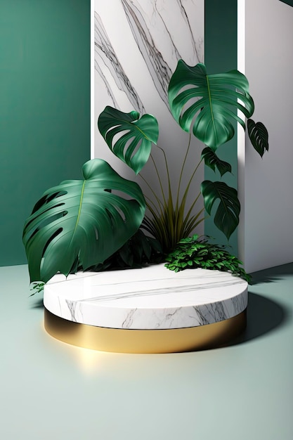 Pedestal de mármol con plantas y tonos orgánicos IA generativa