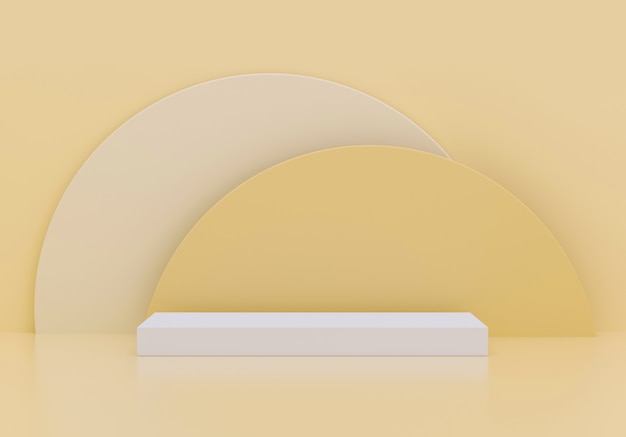 Pedestal minimalista para exhibición de productos en amarillo como fondo de sol. Plataforma de podio vacía. Representación 3D.