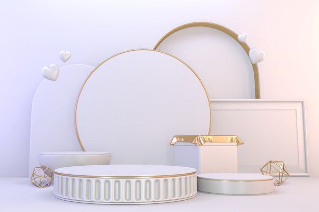 Pedestal moderno blanco y dorado para la presentación de productos cosméticos. Representación 3D