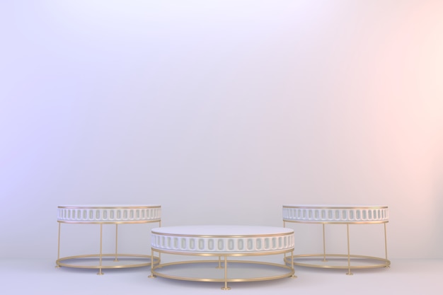 Pedestal moderno blanco y dorado para la presentación de productos cosméticos. Representación 3D
