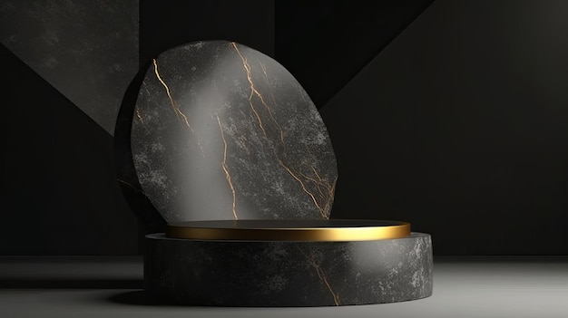 Un pedestal negro con detalles dorados que exhibe productos cosméticos de belleza en una pantalla de podio de piedra AI Generation