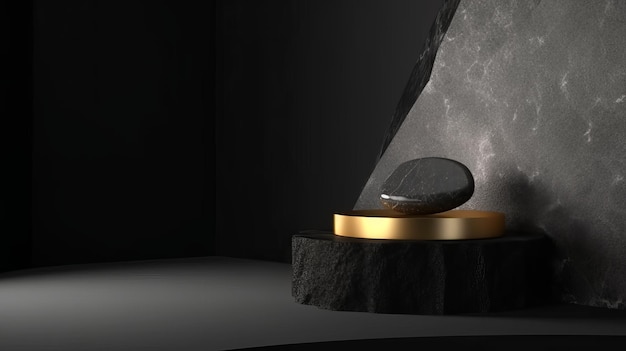 Un pedestal negro con detalles dorados que exhibe productos cosméticos de belleza en una pantalla de podio de piedra AI Generation
