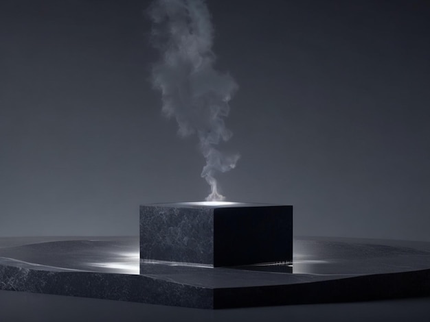Pedestal negro con humo en una representación 3d de fondo oscuro