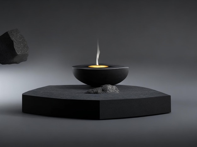 Pedestal negro con humo en una representación 3d de fondo oscuro