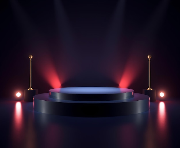 Pedestal negro minimalista con dos soportes dorados y iluminación roja