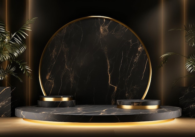 Pedestal negro realista en 3D sobre un fondo negro con elementos dorados y hojas de palma Diseño de espacio vacío escena de maqueta de lujo para producto AI Generativo