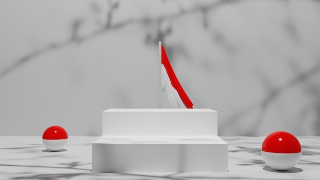 pedestal o podio blanco mínimo natural con bandera de indonesia, plataforma vacía 3d para exhibición de productos