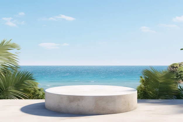 Un pedestal o podio de piedra sólida se coloca contra un pintoresco fondo del océano con su t
