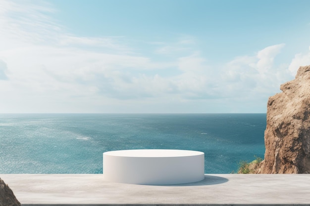 Un pedestal o podio rocoso con una vista del océano de fondo que sirve como un lienzo en blanco para exhibir productos Exuda una atmósfera veraniega y puede usarse como maqueta o escenario publicitario