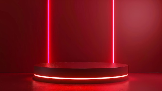 Pedestal ou pódio de cilindro vermelho realista abstrato com lâmpada de néon horizontal iluminada Cena mínima vermelha escura para apresentação de exposição de produtos