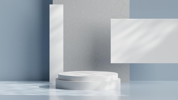 Pedestal ou pódio de concreto renderizado em 3D em branco e azul claro com sobreposição de sombra para exibição do produto