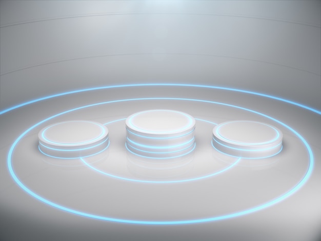 Pedestal para pantalla, plataforma para diseño, soporte de producto en blanco con luz brillante. Representación 3D.