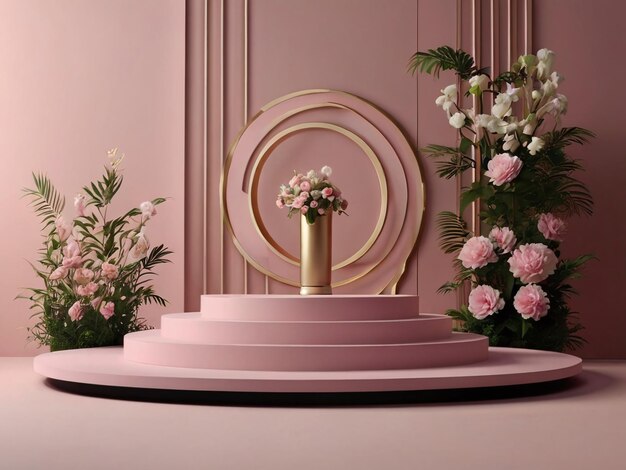 Pedestal para exibição de produtos fundo floral ambiental com folhas e flores