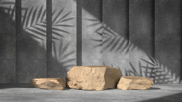 Pedestal de piedra para el escaparate del producto en una sala de hormigón con un árbol de sombra en la pared