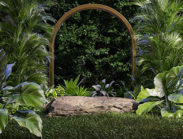 Pedestal de plataforma de piedra en bosque tropical para la presentación de productos y renderización de bosque verde3d