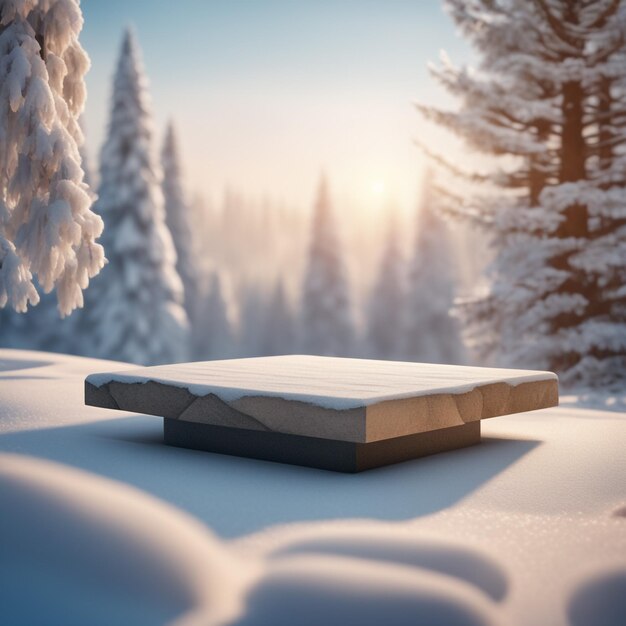 pedestal de plataforma de piedra en invierno para presentación de productos y podio de exhibición de nieve contra borrosa