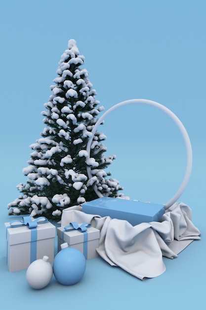 Pedestal de podio azul de vacaciones de año nuevo de Navidad 3D para fondo de producto con árbol de Navidad cubierto de nieve, bolas, caja de regalo, arco redondo. Concepto de invierno para cartel vertical, pancarta, maqueta.