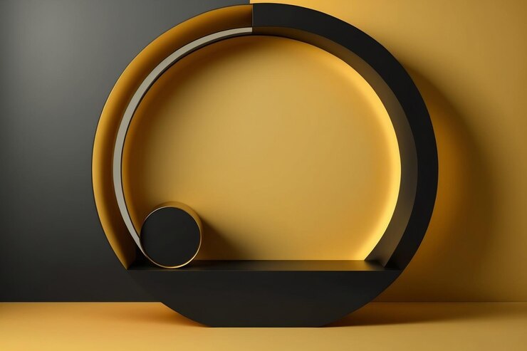 Pedestal de podio circular negro y naranja para presentación de productos Ai generativo