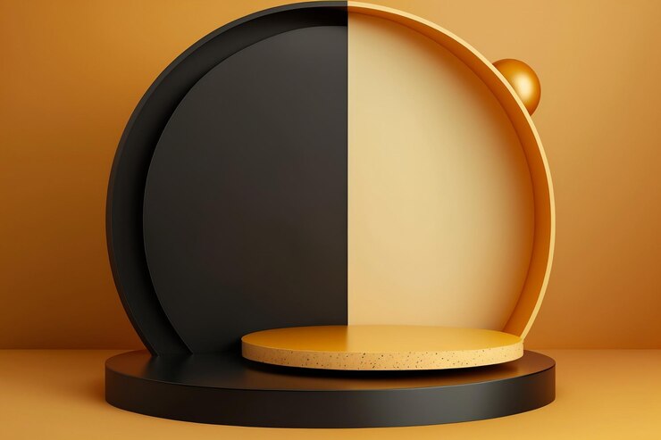 Pedestal de podio de círculo negro y naranja para exhibición de productos sobre fondo naranja Ai generativo