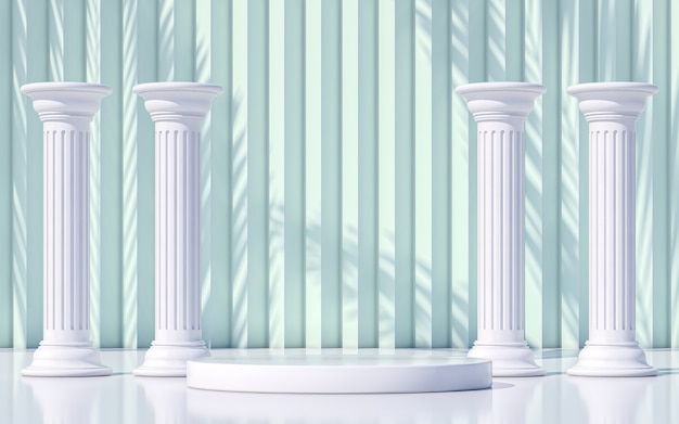 Pedestal de podio con columnas de estilo griego. Representación 3d