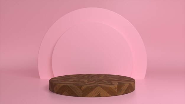 Pedestal de podio de parquet de madera sobre un fondo rosa Foto Premium