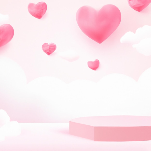 Pedestal de podio de San Valentín con corazón rosa 3d y creación de nubes con tecnología generativa ai.