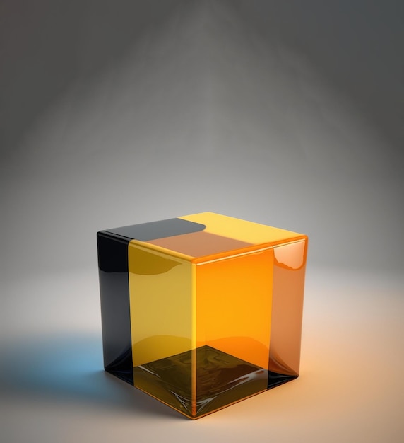 Foto pedestal de podio vacío cubo transparente negro y amarillo para presentación de productos generado por ia