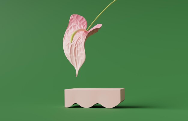 Pedestal de podio verde de fondo 3D Pantalla rosa con flor Maqueta de producto cosmético