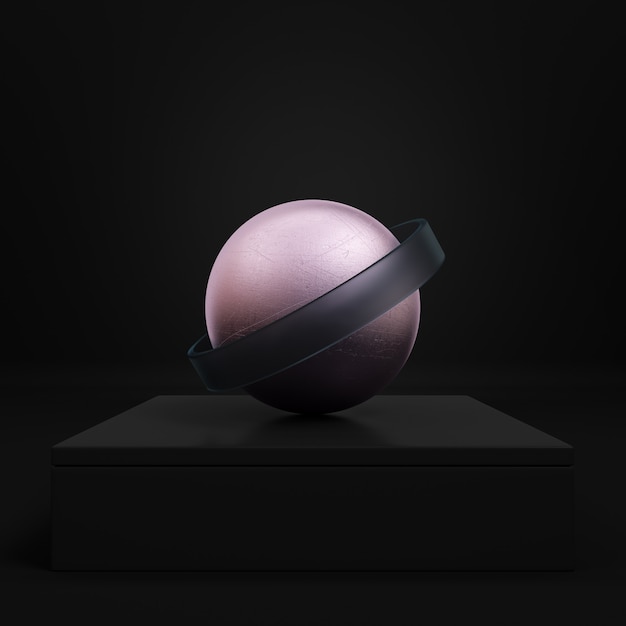 Pedestal preto com esfera rosa e cinto em fundo escuro. Conceito de minimalismo. Renderização 3D.