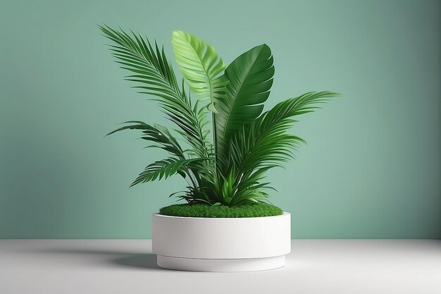 Pedestal redondo o podio con planta verde Diseño de concepto minimalista colorido