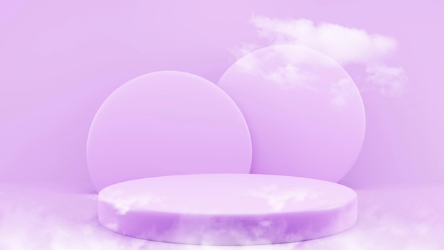 Pedestal roxo minimalista para apresentação do produto com nuvem mínima mostrar modelo de maquete vazio fundo roxo ilustração de renderização 3d
