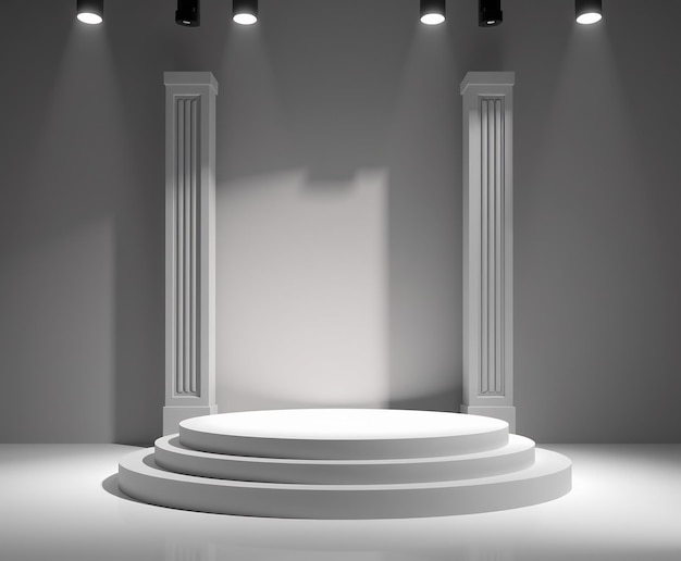 Pedestal vacío con focos en un fondo gris
