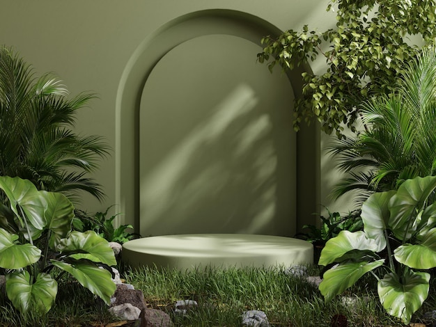 Pedestal verde en bosque tropical para presentación de productos y pared verde.