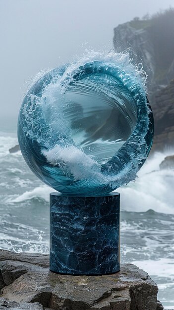 Pedestal de vidrio azul cobalto contra una pared de olas del océano el vidrio azul se fusiona con las olas