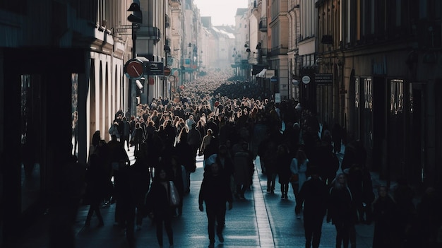 Pedestres anônimos de IA generativa em uma rua da cidade